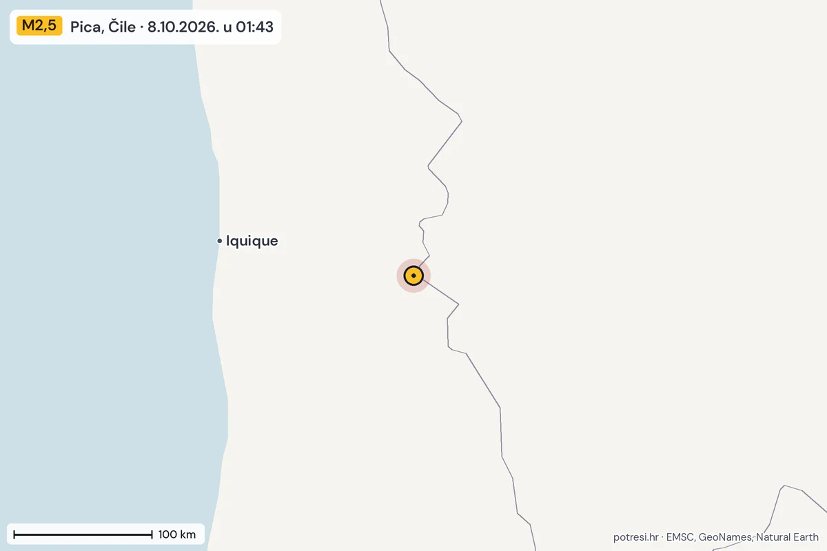 Karta: šire područje, 600 km, potres M2,5, Pica, Čile, 8.10.2026.