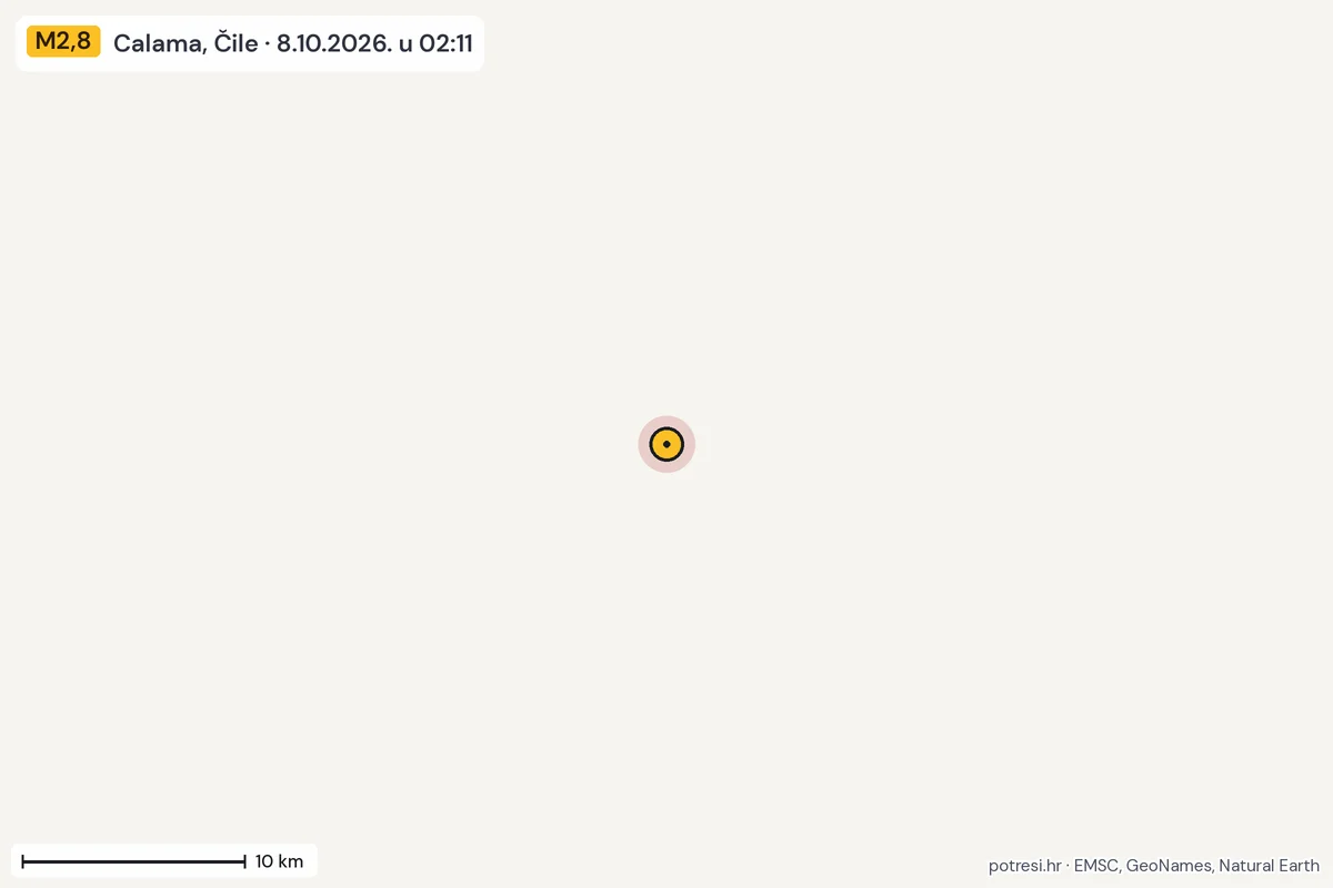 Karta: okolica epicentra, 60 km, potres M2,8, Calama, Čile, 8.10.2026.