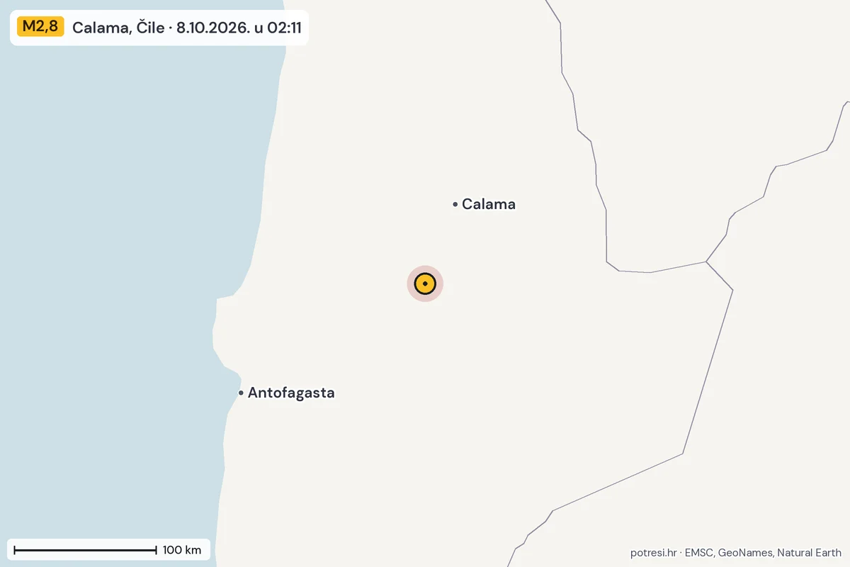 Karta: šire područje, 600 km, potres M2,8, Calama, Čile, 8.10.2026.
