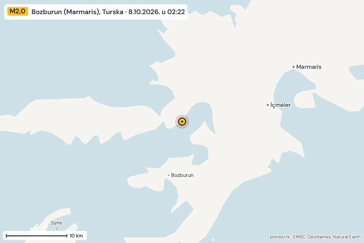 Karta: okolica epicentra, 60 km, potres M2,0, Bozburun (Marmaris), Turska, 8.10.2026.