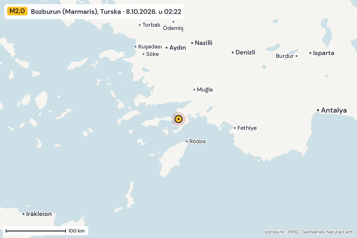 Karta: šire područje, 600 km, potres M2,0, Bozburun (Marmaris), Turska, 8.10.2026.