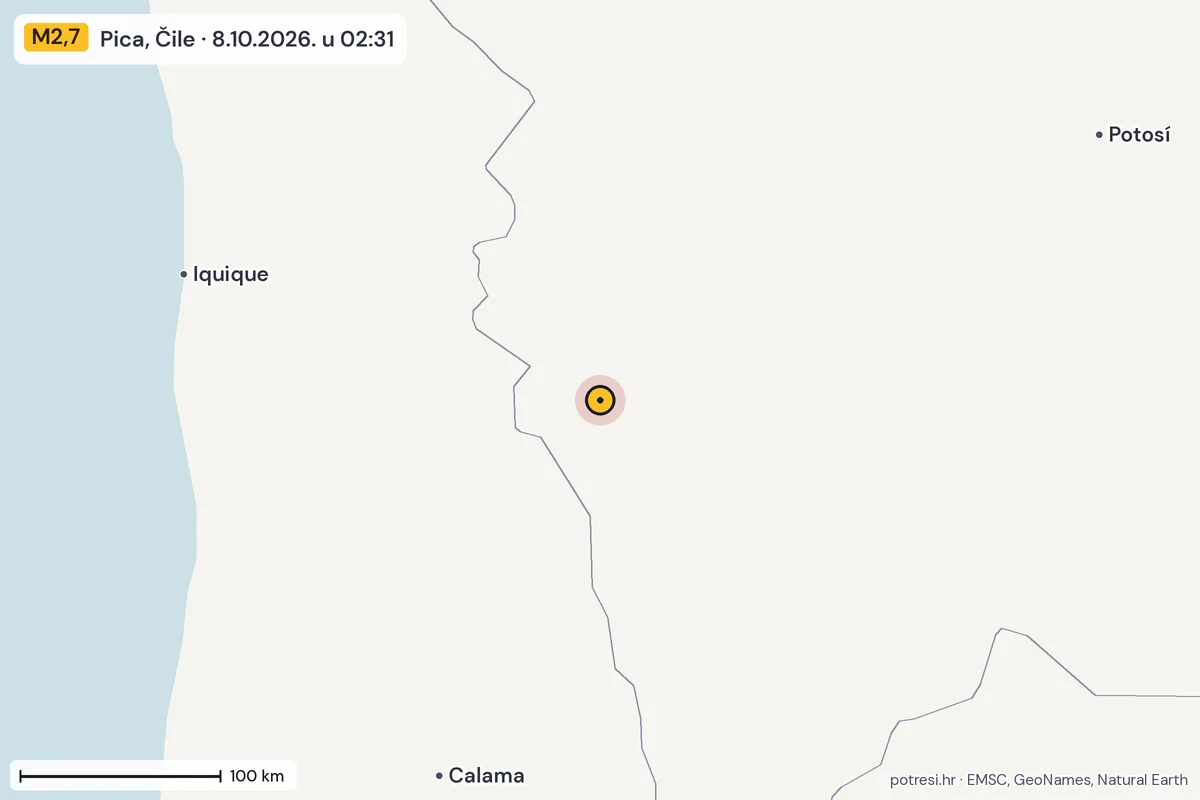 Karta: šire područje, 600 km, potres M2,7, Pica, Čile, 8.10.2026.