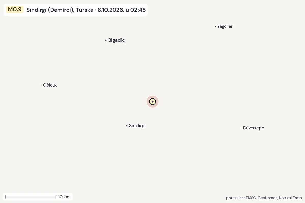 Karta: okolica epicentra, 60 km, potres M0,9, Sındırgı (Demirci), Turska, 8.10.2026.
