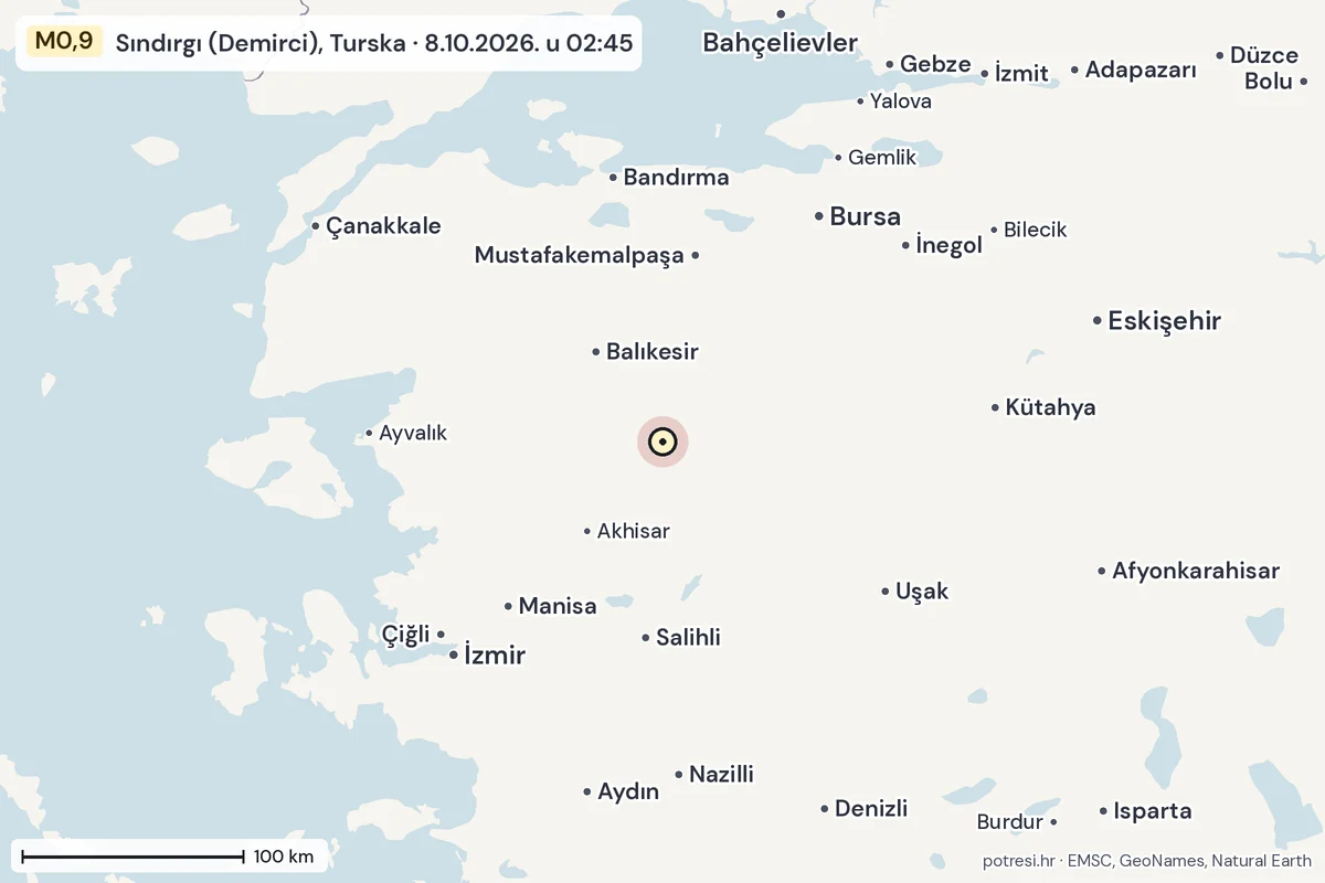 Karta: šire područje, 600 km, potres M0,9, Sındırgı (Demirci), Turska, 8.10.2026.