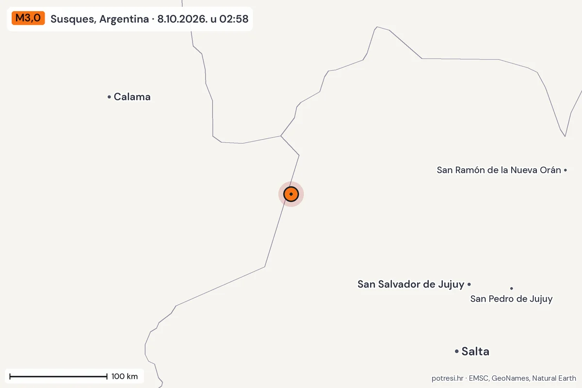 Karta: šire područje, 600 km, potres M3,0, Susques, Argentina, 8.10.2026.