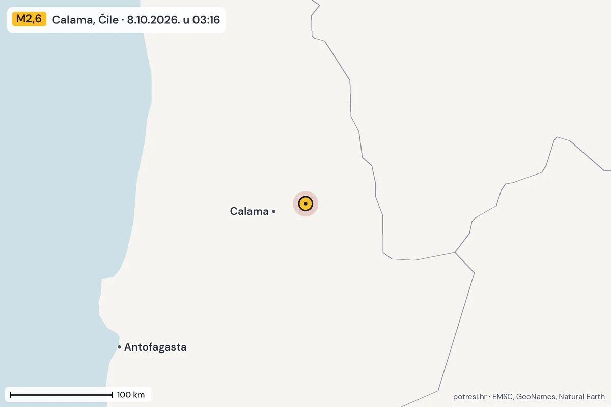 Karta: šire područje, 600 km, potres M2,6, Calama, Čile, 8.10.2026.