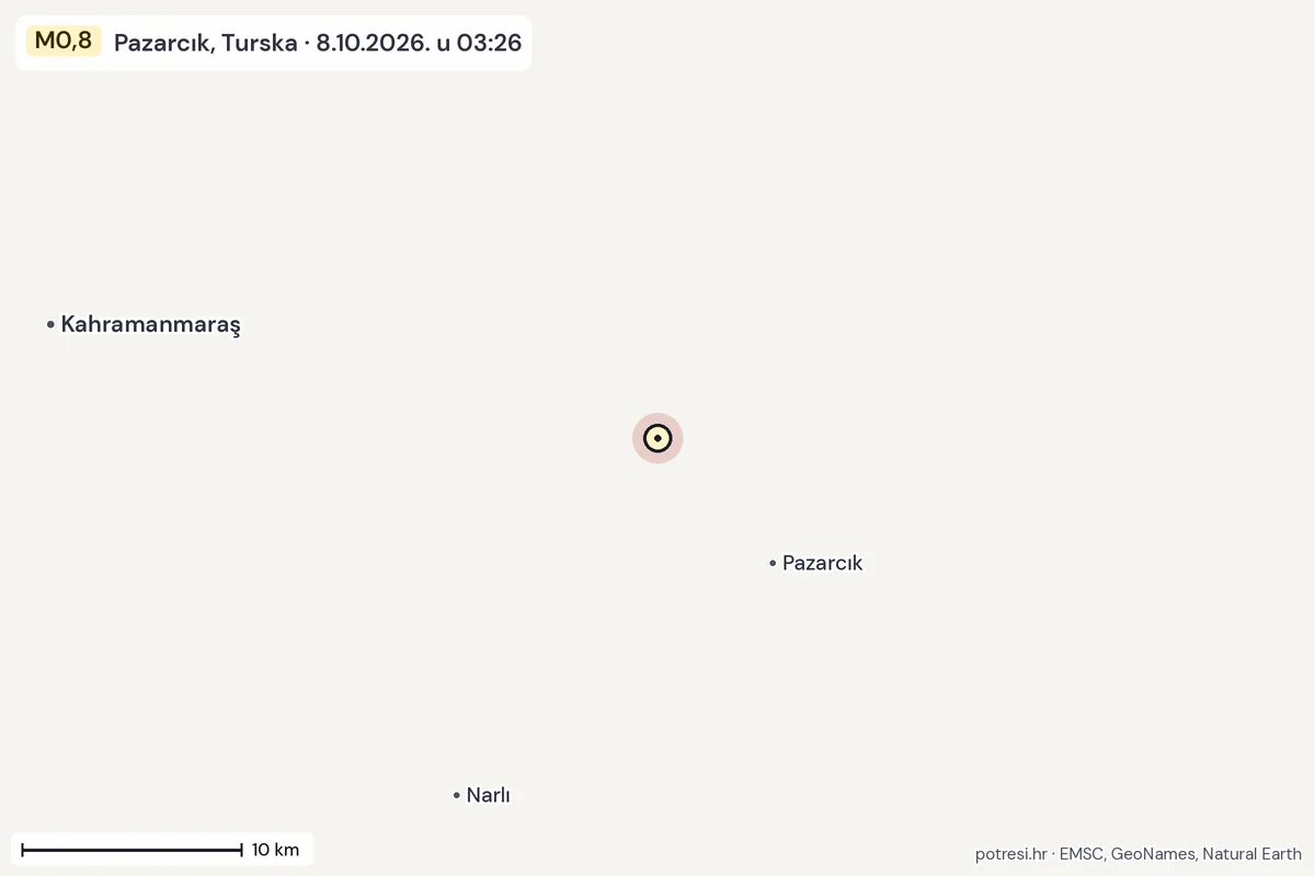 Karta: okolica epicentra, 60 km, potres M0,8, Pazarcık, Turska, 8.10.2026.