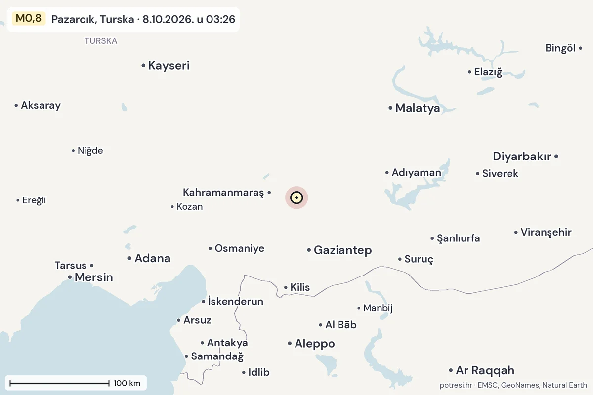 Karta: šire područje, 600 km, potres M0,8, Pazarcık, Turska, 8.10.2026.