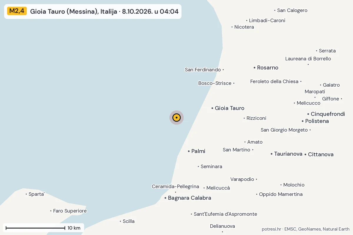 Karta: okolica epicentra, 60 km, potres M2,4, Gioia Tauro (Messina), Italija, 8.10.2026.
