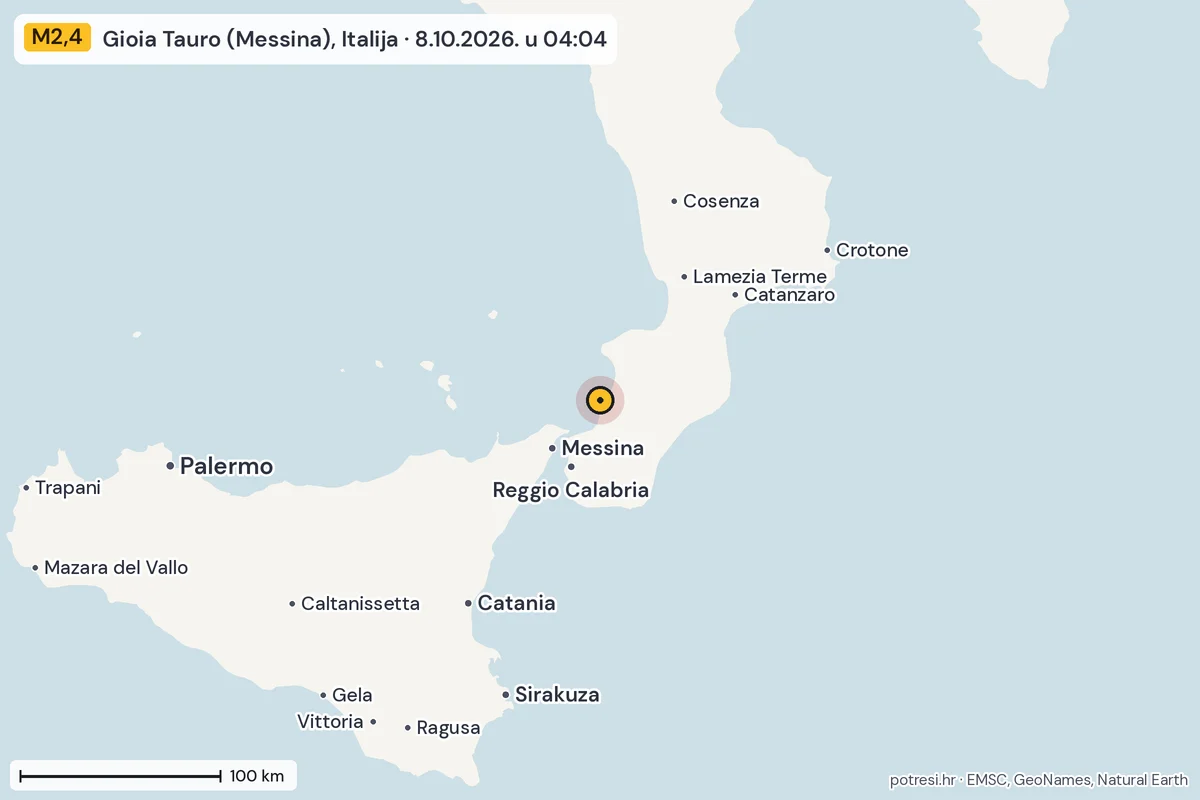 Karta: šire područje, 600 km, potres M2,4, Gioia Tauro (Messina), Italija, 8.10.2026.