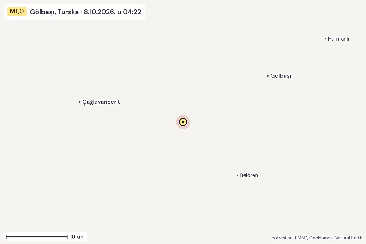 Karta: okolica epicentra, 60 km, potres M1,0, Gölbaşı, Turska, 8.10.2026.