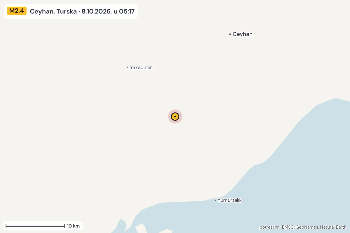 Karta: okolica epicentra, 60 km, potres M2,4, Ceyhan, Turska, 8.10.2026.