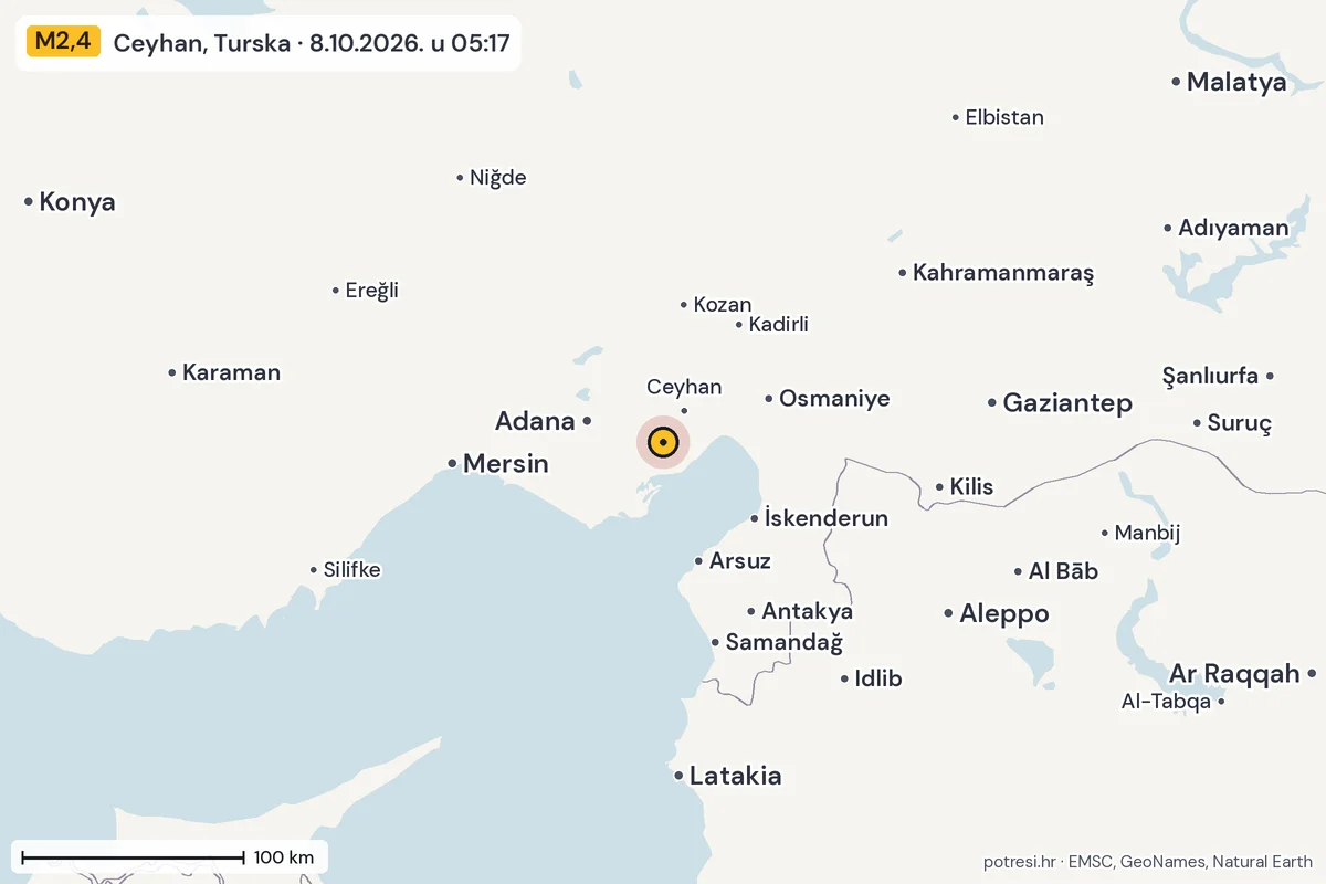 Karta: šire područje, 600 km, potres M2,4, Ceyhan, Turska, 8.10.2026.