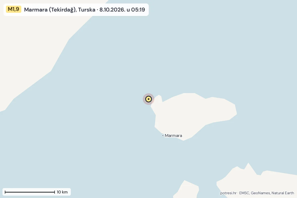 Karta: okolica epicentra, 60 km, potres M1,9, Marmara (Tekirdağ), Turska, 8.10.2026.