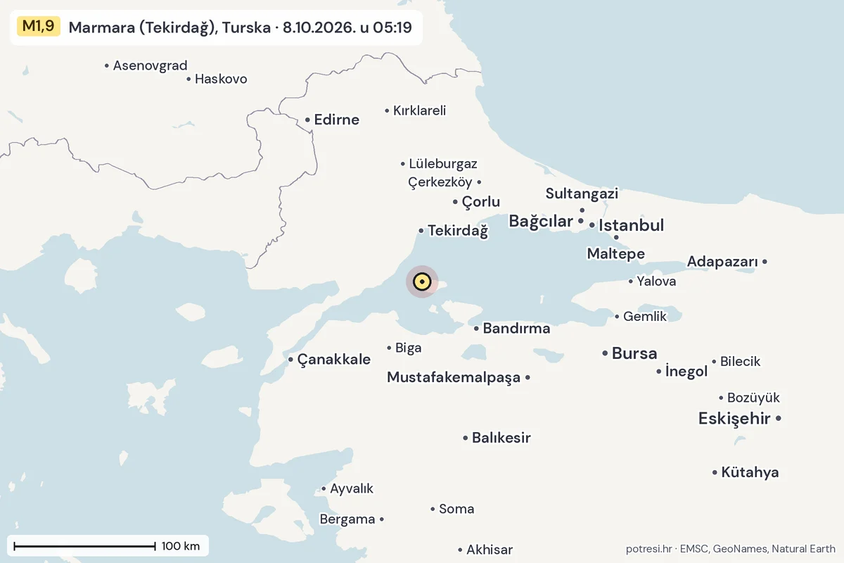 Karta: šire područje, 600 km, potres M1,9, Marmara (Tekirdağ), Turska, 8.10.2026.