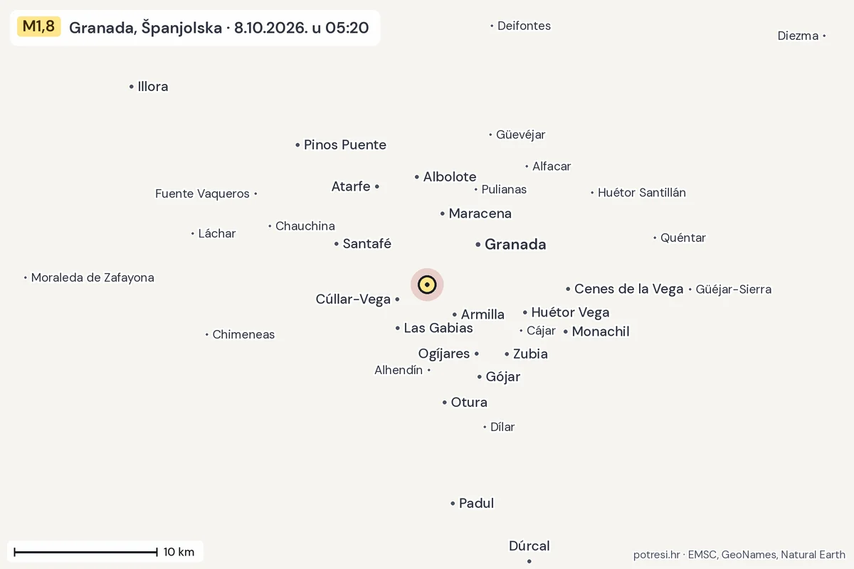 Karta: okolica epicentra, 60 km, potres M1,8, Granada, Španjolska, 8.10.2026.