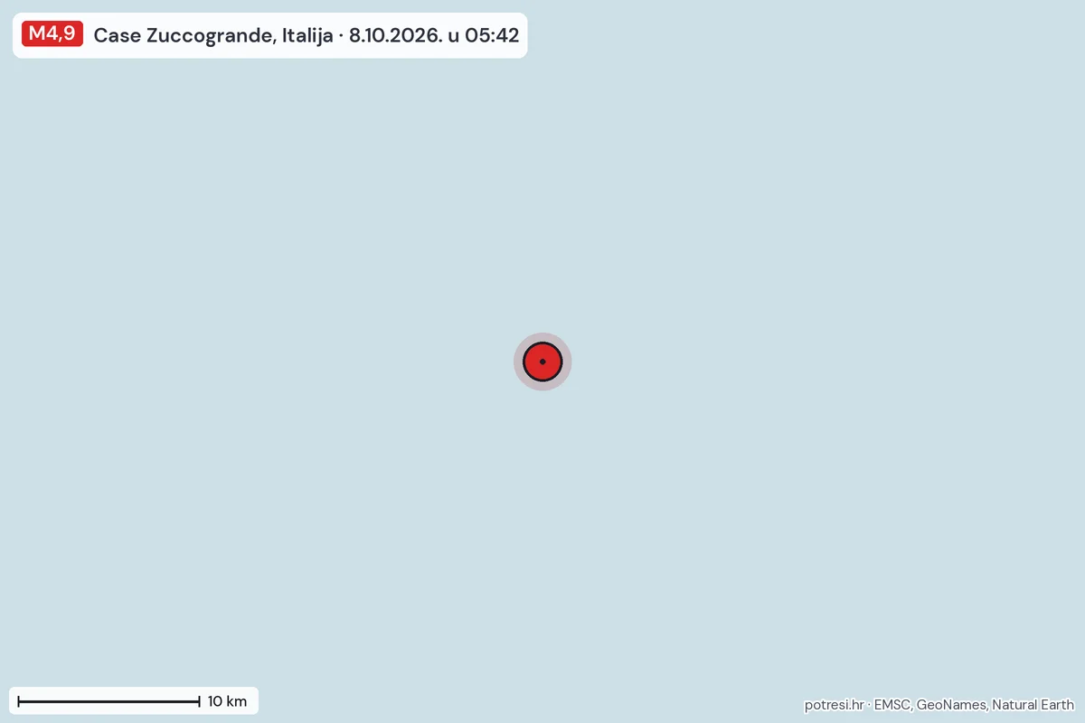Karta: okolica epicentra, 60 km, potres M4,9, Case Zuccogrande, Italija, 8.10.2026.
