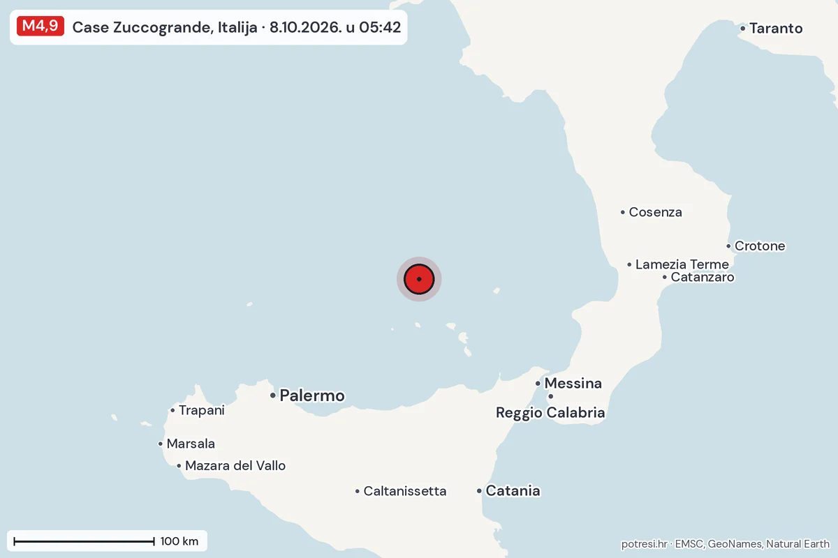 Karta: šire područje, 600 km, potres M4,9, Case Zuccogrande, Italija, 8.10.2026.