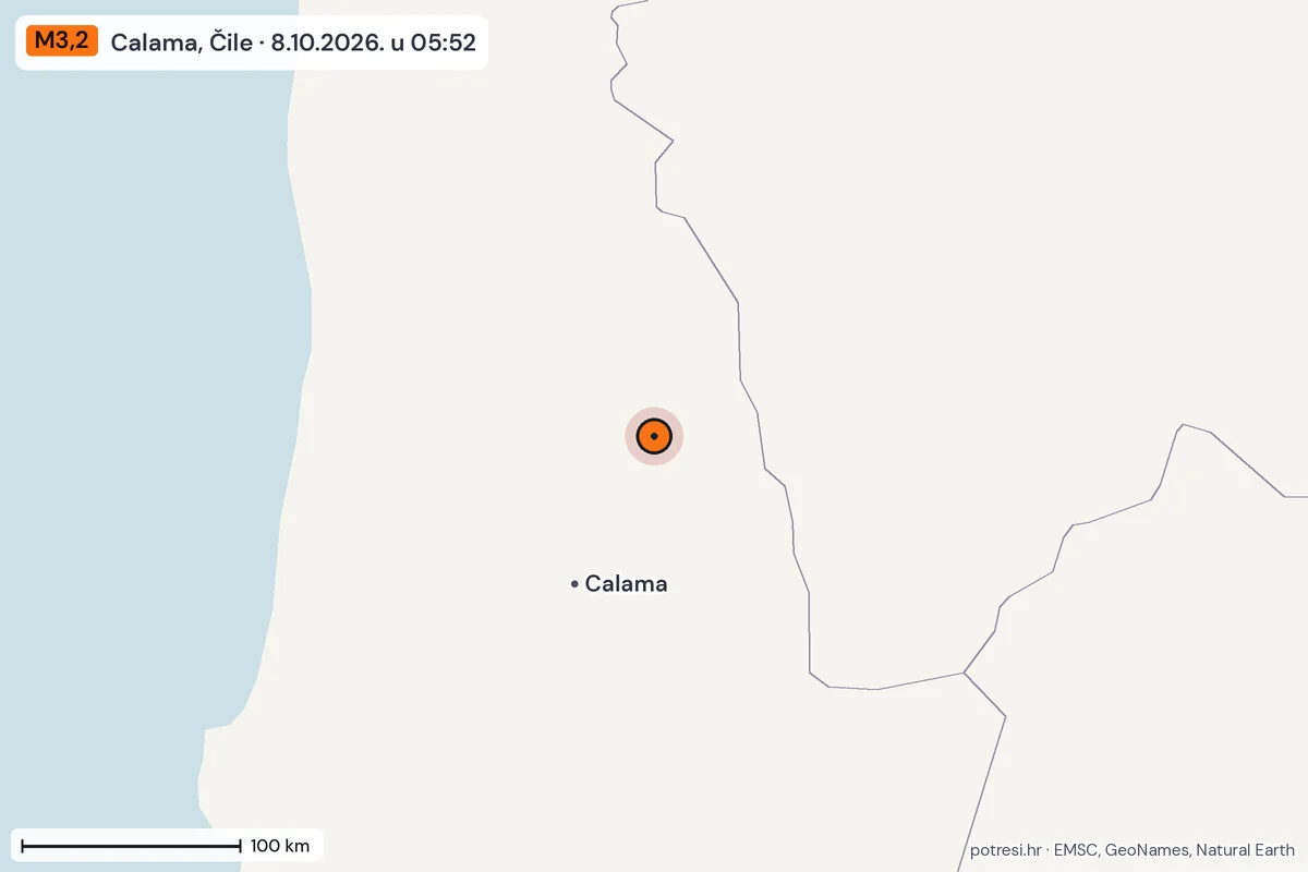 Karta: šire područje, 600 km, potres M3,2, Calama, Čile, 8.10.2026.