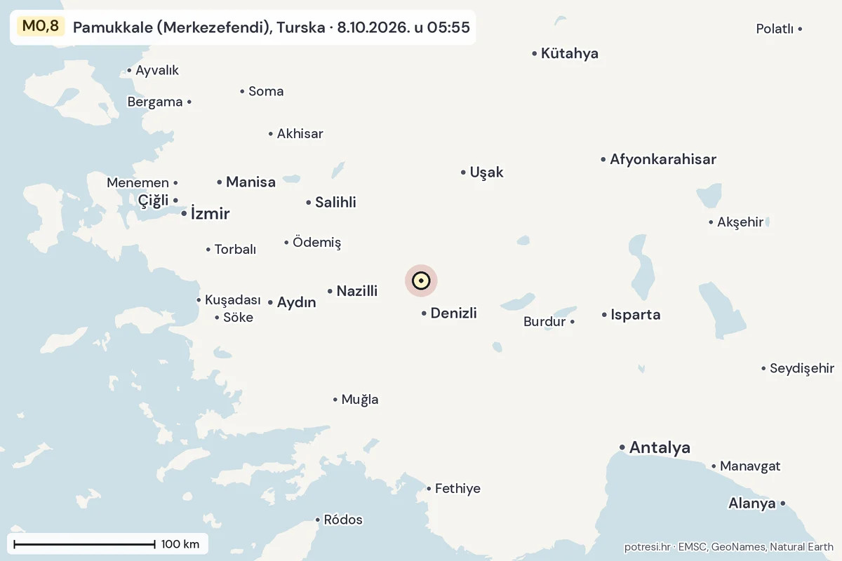 Karta: šire područje, 600 km, potres M0,8, Pamukkale (Merkezefendi), Turska, 8.10.2026.