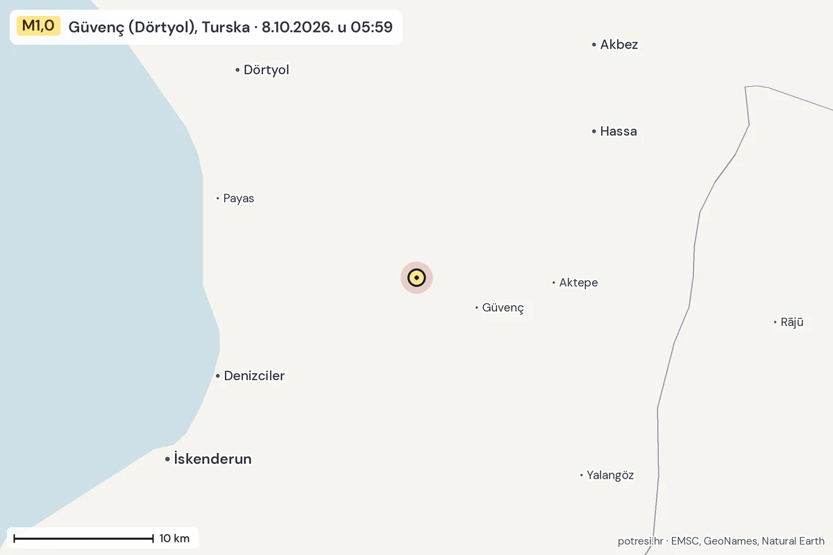 Karta: okolica epicentra, 60 km, potres M1,0, Güvenç (Dörtyol), Turska, 8.10.2026.