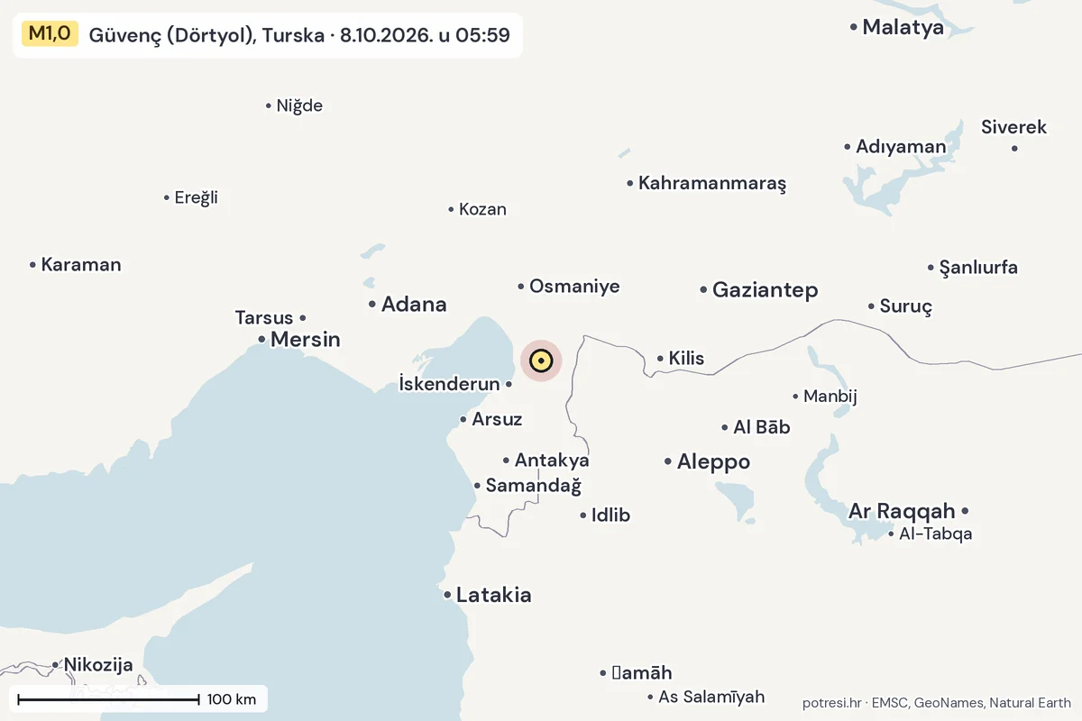 Karta: šire područje, 600 km, potres M1,0, Güvenç (Dörtyol), Turska, 8.10.2026.