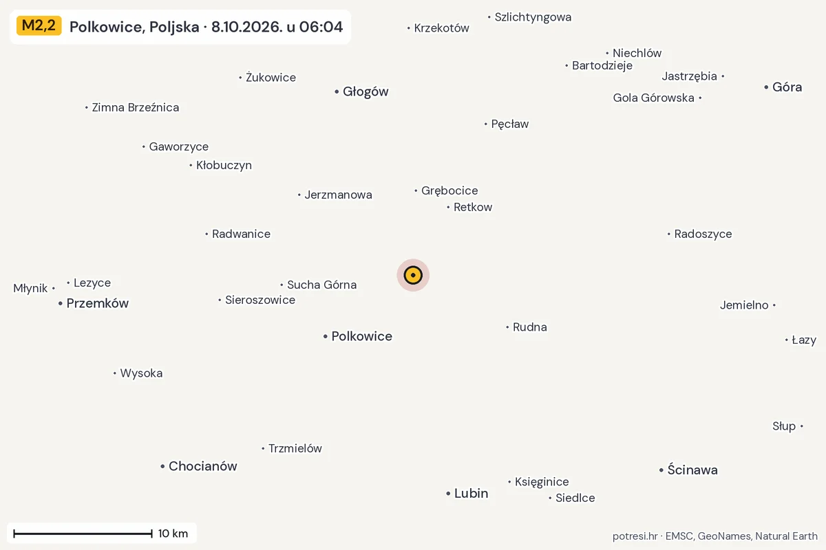 Karta: okolica epicentra, 60 km, potres M2,2, Polkowice, Poljska, 8.10.2026.