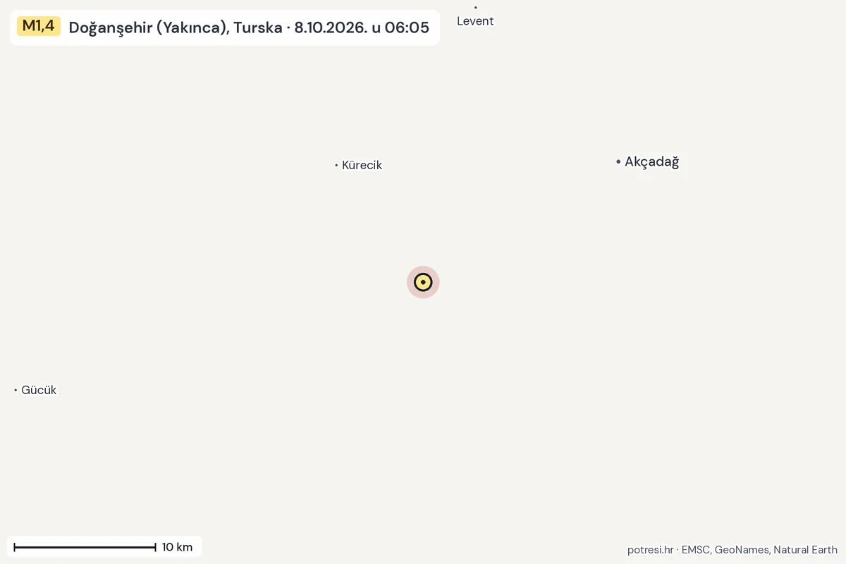 Karta: okolica epicentra, 60 km, potres M1,4, Doğanşehir (Yakınca), Turska, 8.10.2026.