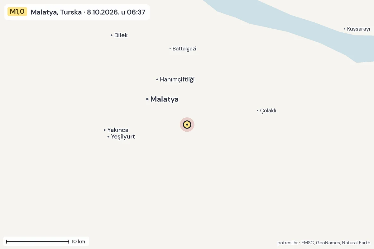 Karta: okolica epicentra, 60 km, potres M1,0, Malatya, Turska, 8.10.2026.