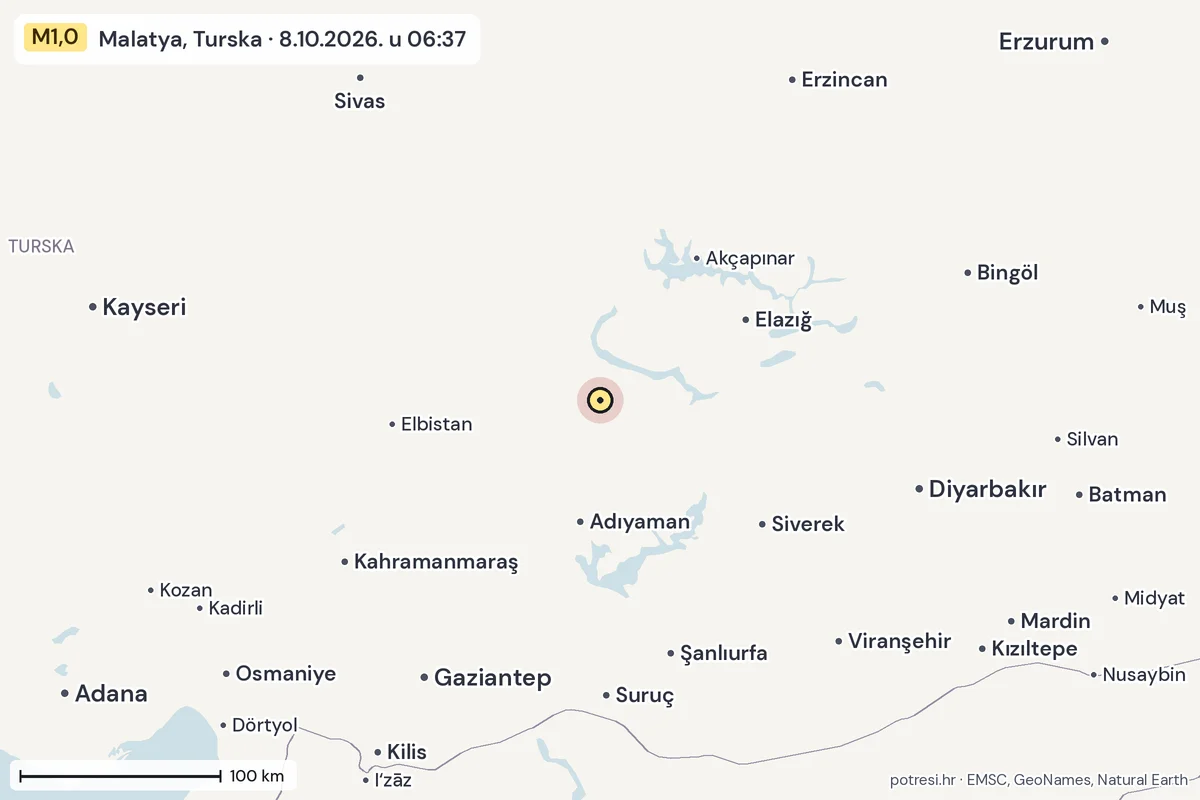 Karta: šire područje, 600 km, potres M1,0, Malatya, Turska, 8.10.2026.