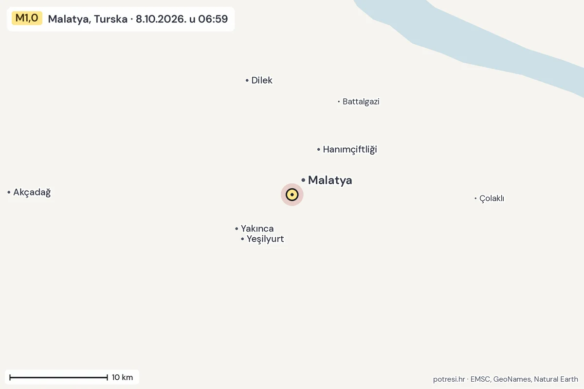 Karta: okolica epicentra, 60 km, potres M1,0, Malatya, Turska, 8.10.2026.