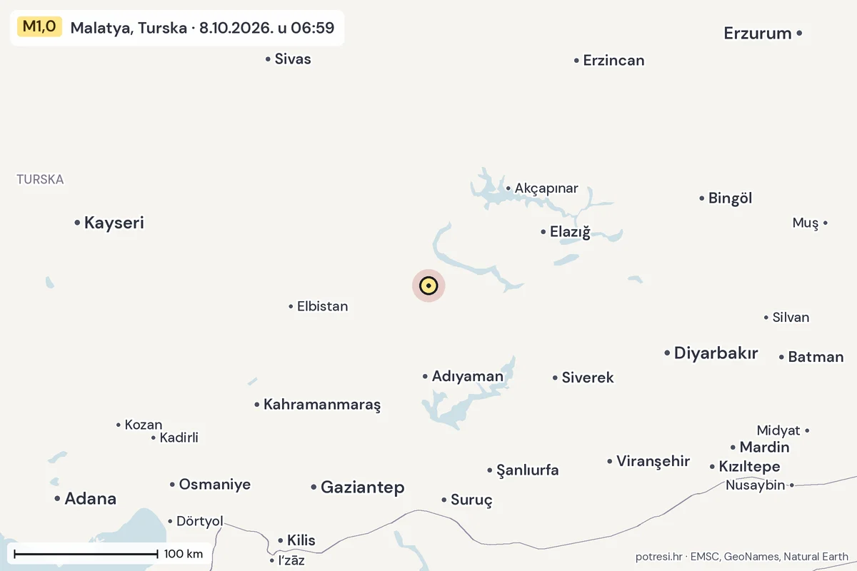 Karta: šire područje, 600 km, potres M1,0, Malatya, Turska, 8.10.2026.
