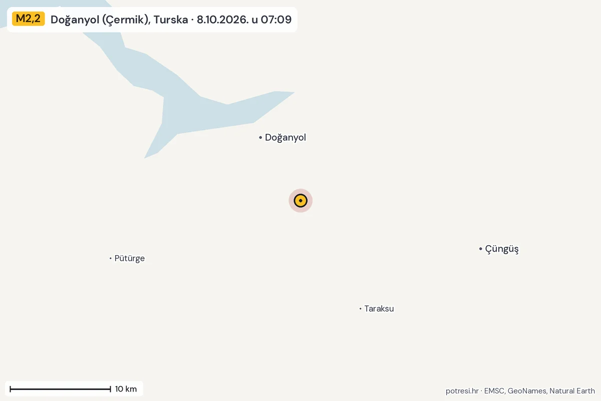 Karta: okolica epicentra, 60 km, potres M2,2, Doğanyol (Çermik), Turska, 8.10.2026.