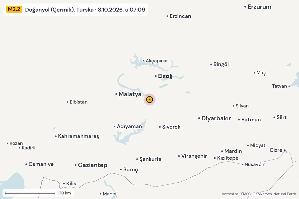 Karta: šire područje, 600 km, potres M2,2, Doğanyol (Çermik), Turska, 8.10.2026.