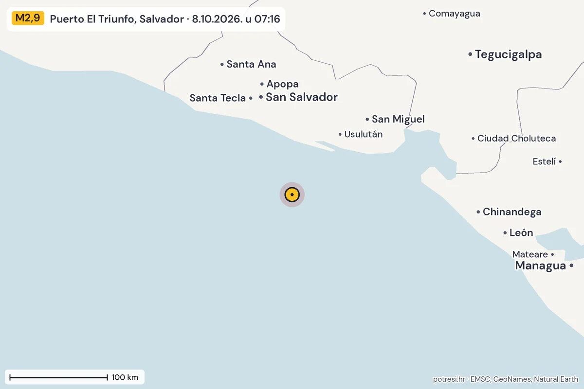 Karta: šire područje, 600 km, potres M2,9, Puerto El Triunfo, Salvador, 8.10.2026.