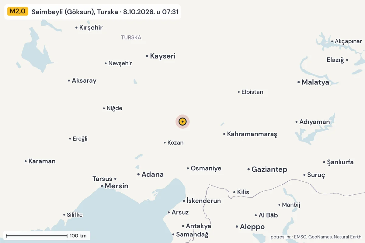 Karta: šire područje, 600 km, potres M2,0, Saimbeyli (Göksun), Turska, 8.10.2026.