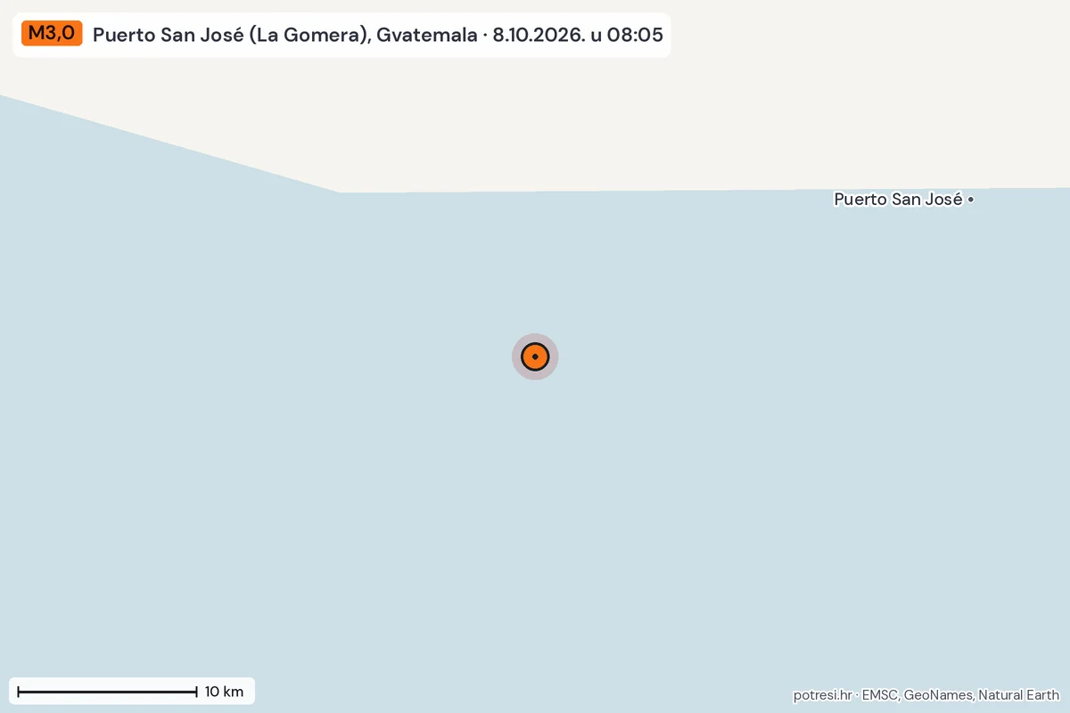 Karta: okolica epicentra, 60 km, potres M3,0, Puerto San José (La Gomera), Gvatemala, 8.10.2026.