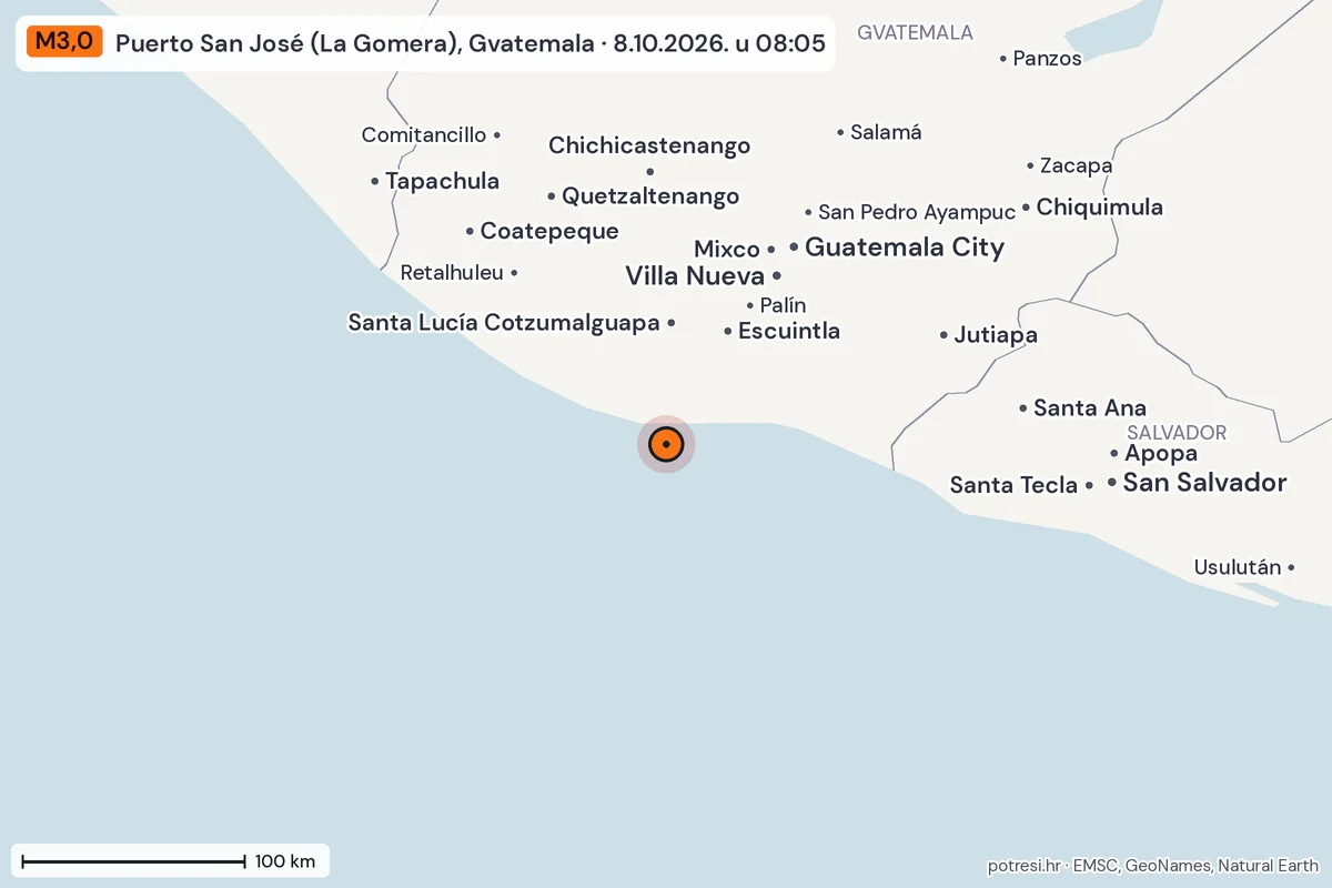 Karta: šire područje, 600 km, potres M3,0, Puerto San José (La Gomera), Gvatemala, 8.10.2026.