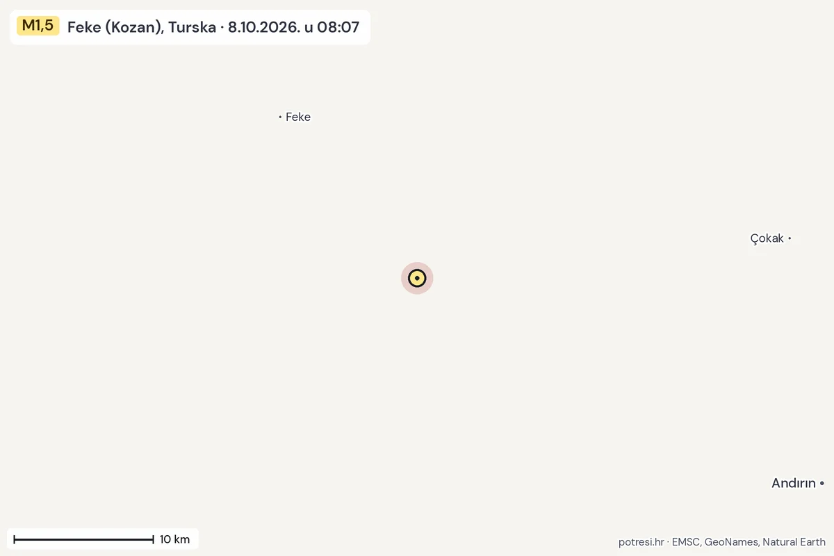 Karta: okolica epicentra, 60 km, potres M1,5, Feke (Kozan), Turska, 8.10.2026.