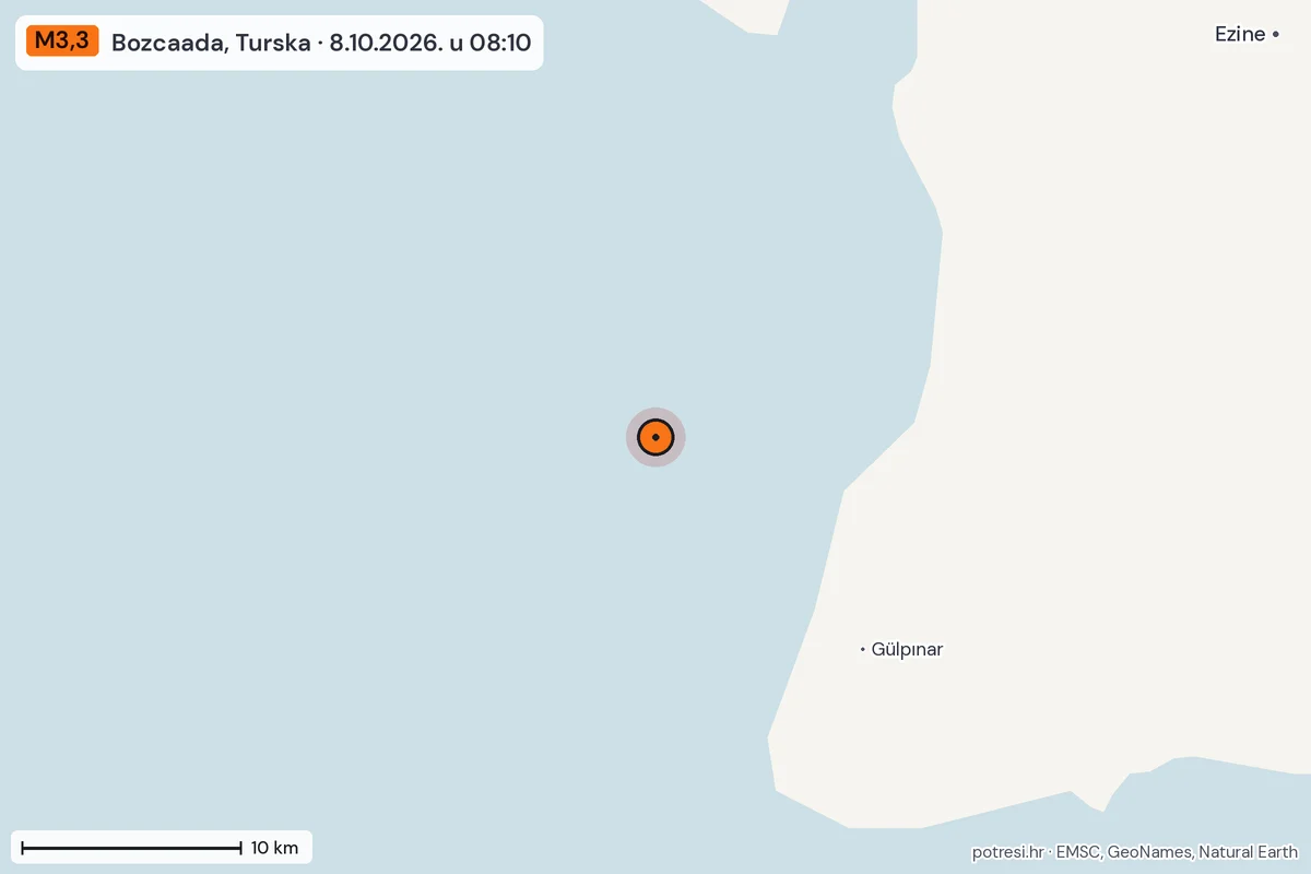 Karta: okolica epicentra, 60 km, potres M3,3, Bozcaada, Turska, 8.10.2026.