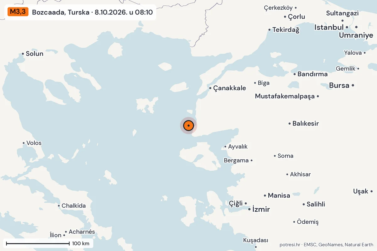 Karta: šire područje, 600 km, potres M3,3, Bozcaada, Turska, 8.10.2026.