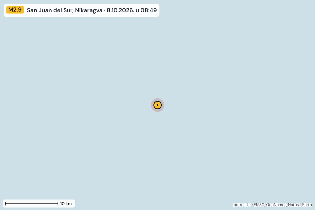 Karta: okolica epicentra, 60 km, potres M2,9, San Juan del Sur, Nikaragva, 8.10.2026.