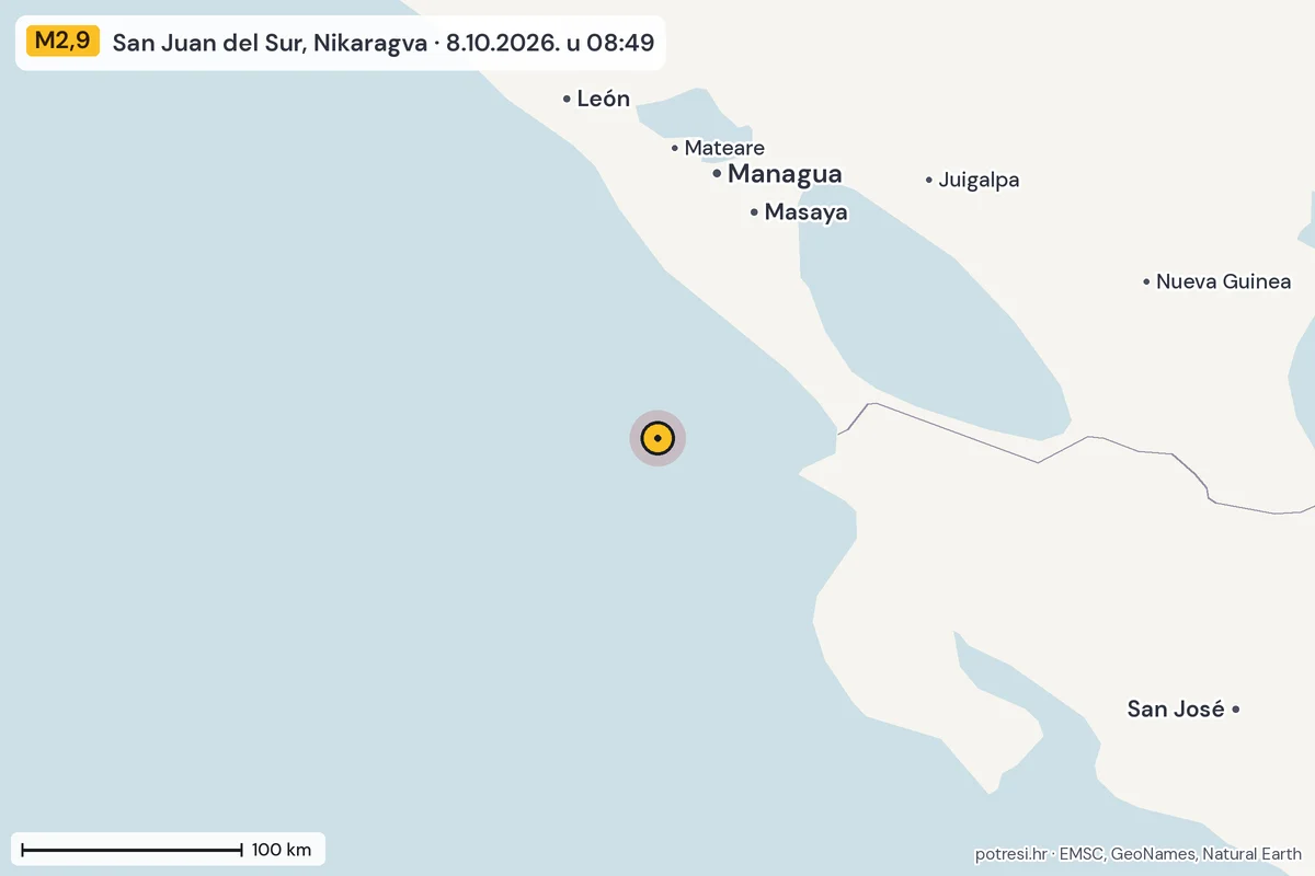 Karta: šire područje, 600 km, potres M2,9, San Juan del Sur, Nikaragva, 8.10.2026.