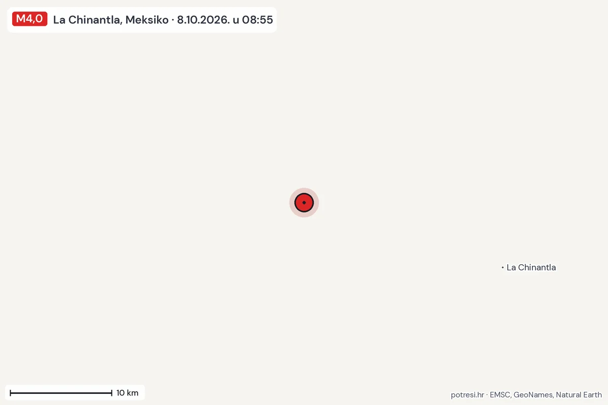 Karta: okolica epicentra, 60 km, potres M4,0, La Chinantla, Meksiko, 8.10.2026.