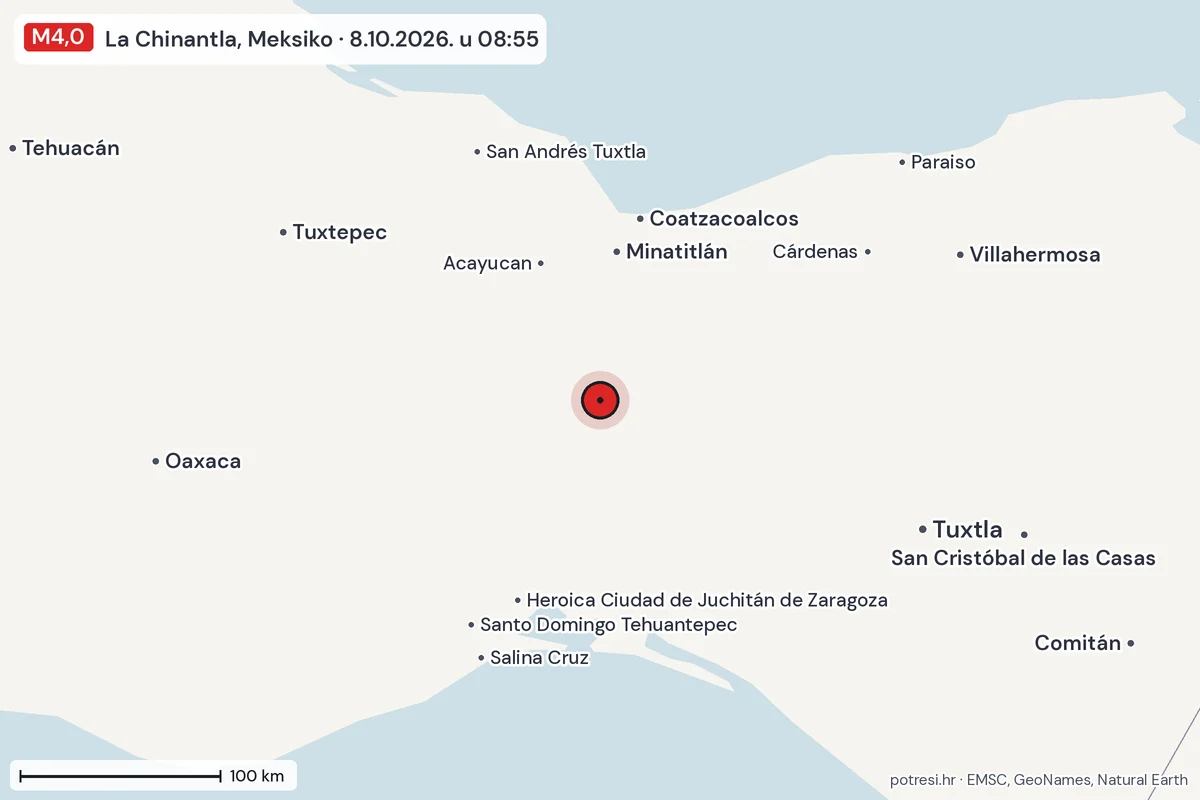 Karta: šire područje, 600 km, potres M4,0, La Chinantla, Meksiko, 8.10.2026.