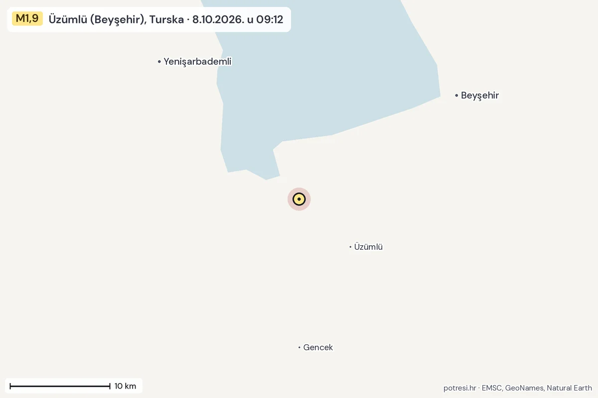 Karta: okolica epicentra, 60 km, potres M1,9, Üzümlü (Beyşehir), Turska, 8.10.2026.