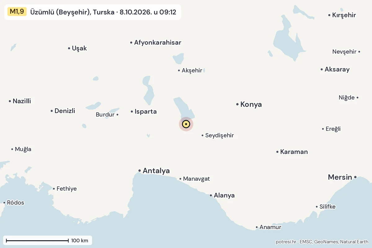 Karta: šire područje, 600 km, potres M1,9, Üzümlü (Beyşehir), Turska, 8.10.2026.