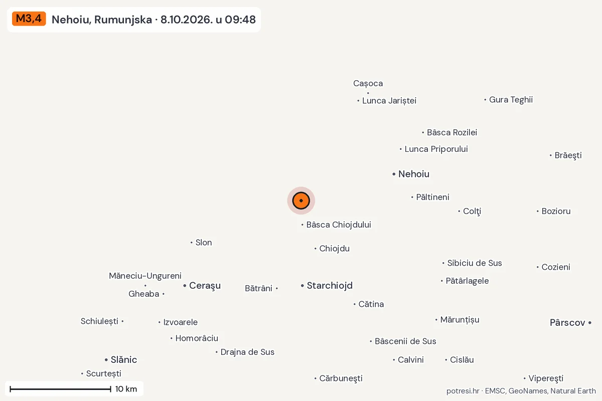 Karta: okolica epicentra, 60 km, potres M3,4, Nehoiu, Rumunjska, 8.10.2026.