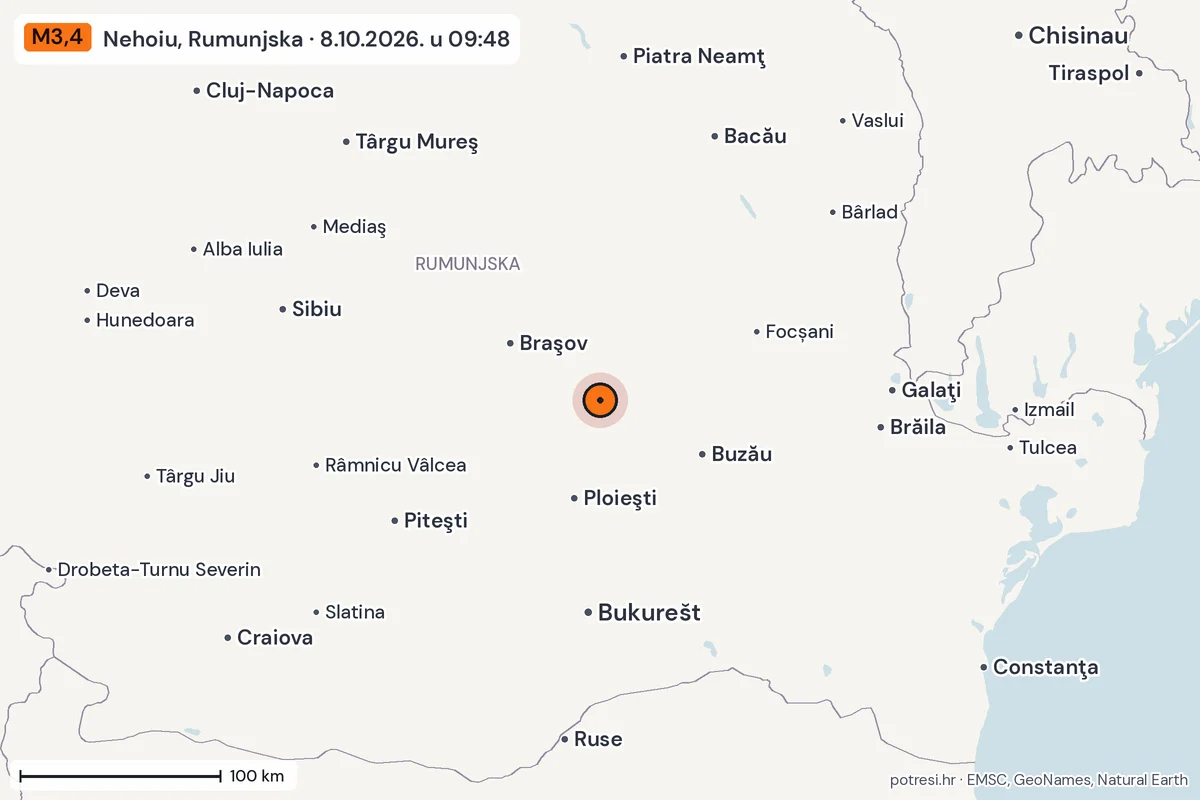 Karta: šire područje, 600 km, potres M3,4, Nehoiu, Rumunjska, 8.10.2026.
