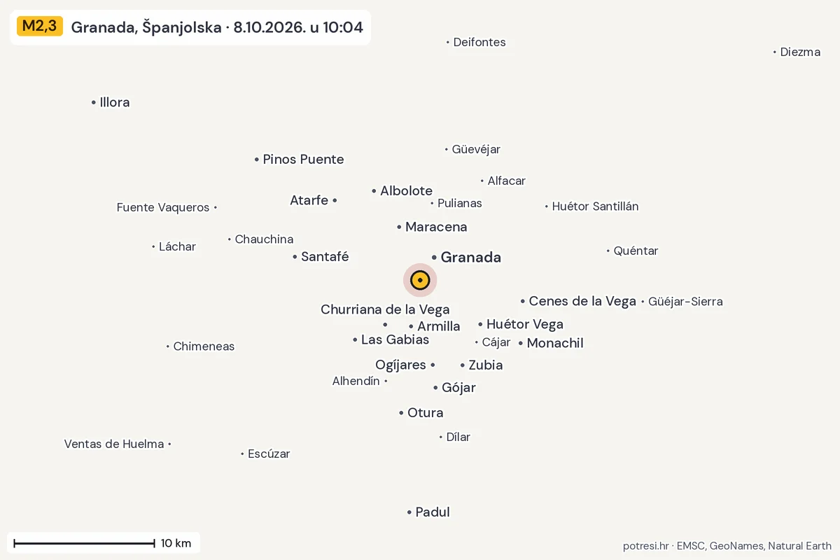 Karta: okolica epicentra, 60 km, potres M2,3, Granada, Španjolska, 8.10.2026.